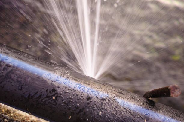Emergency plumber repairing a burst pipe with water spraying in a London bathroom
