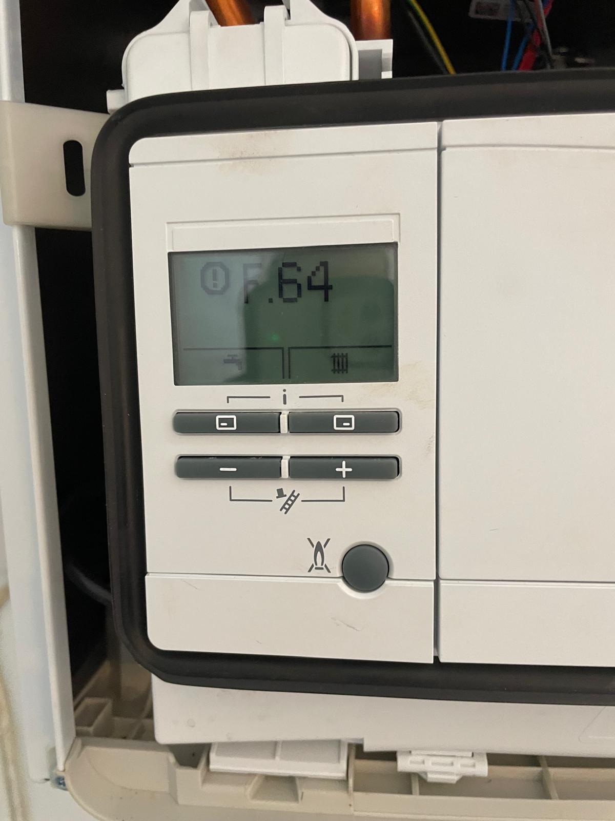 Vaillant boiler displaying F.64 fault code requiring engineer diagnosis and repair