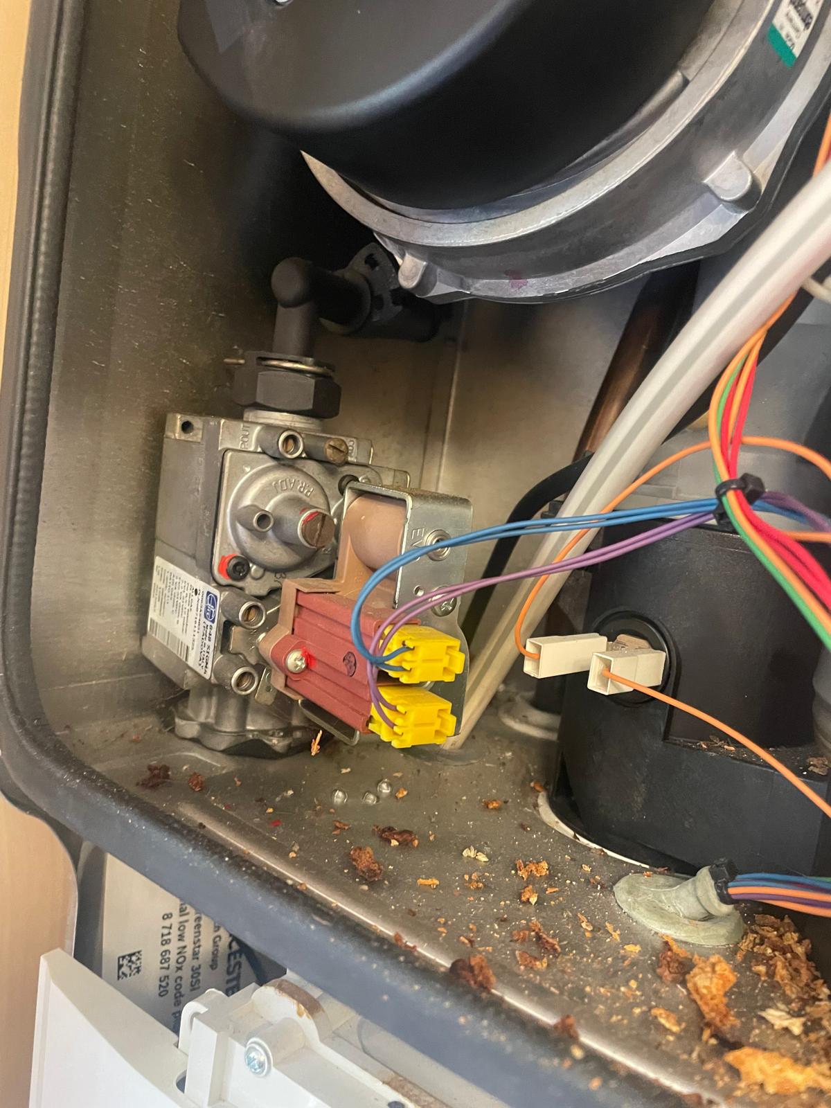 Boiler gas valve assembly with wiring connectors during servicing