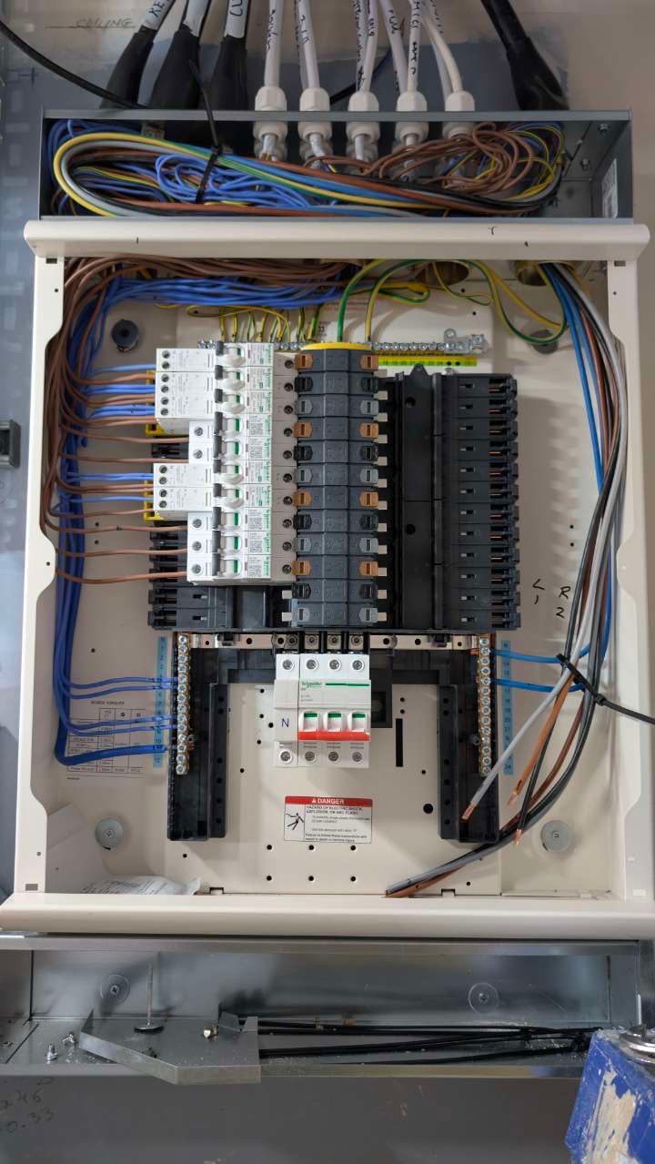 Schneider Acti9 consumer unit installation with RCBOs and MCBs wired to BS 7671 standards in London