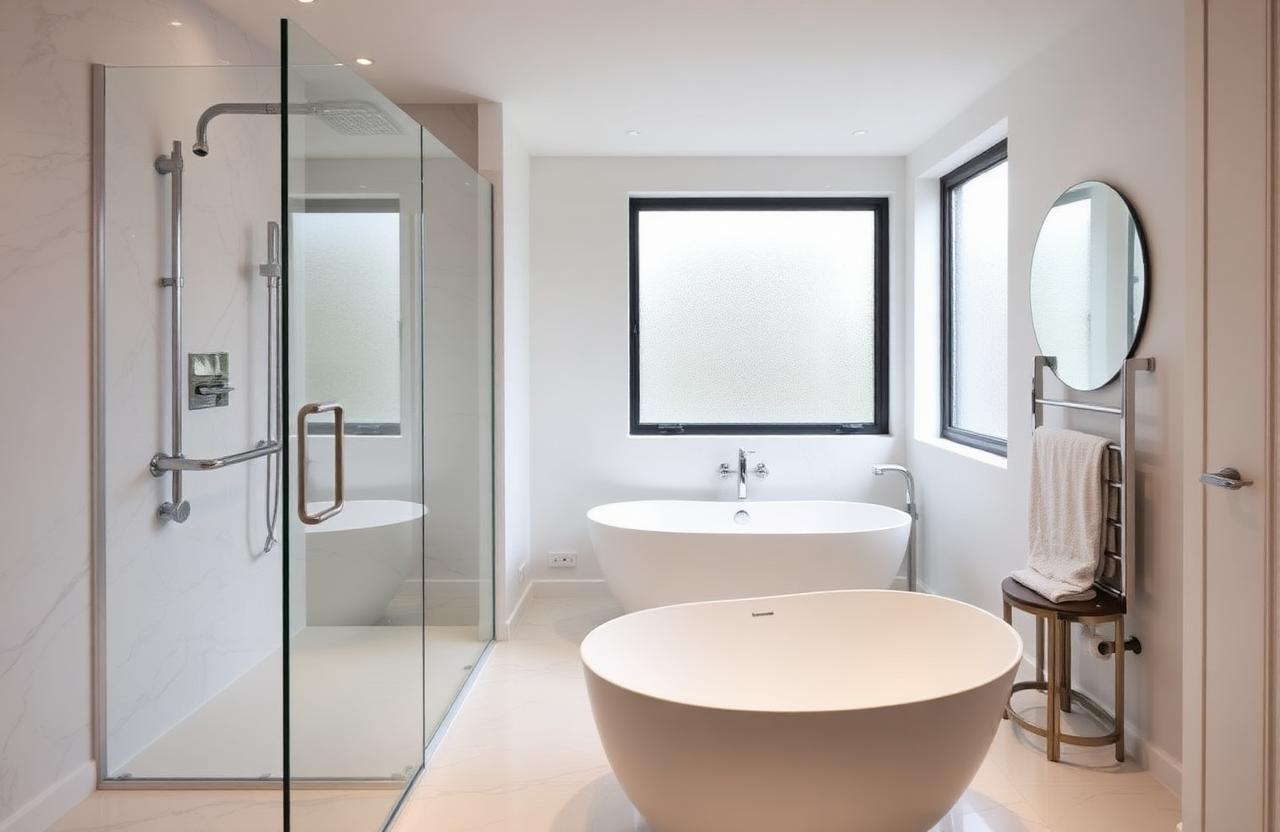 Newly installed modern bathroom in an East London home with walk-in shower, freestanding bath and chrome fittings