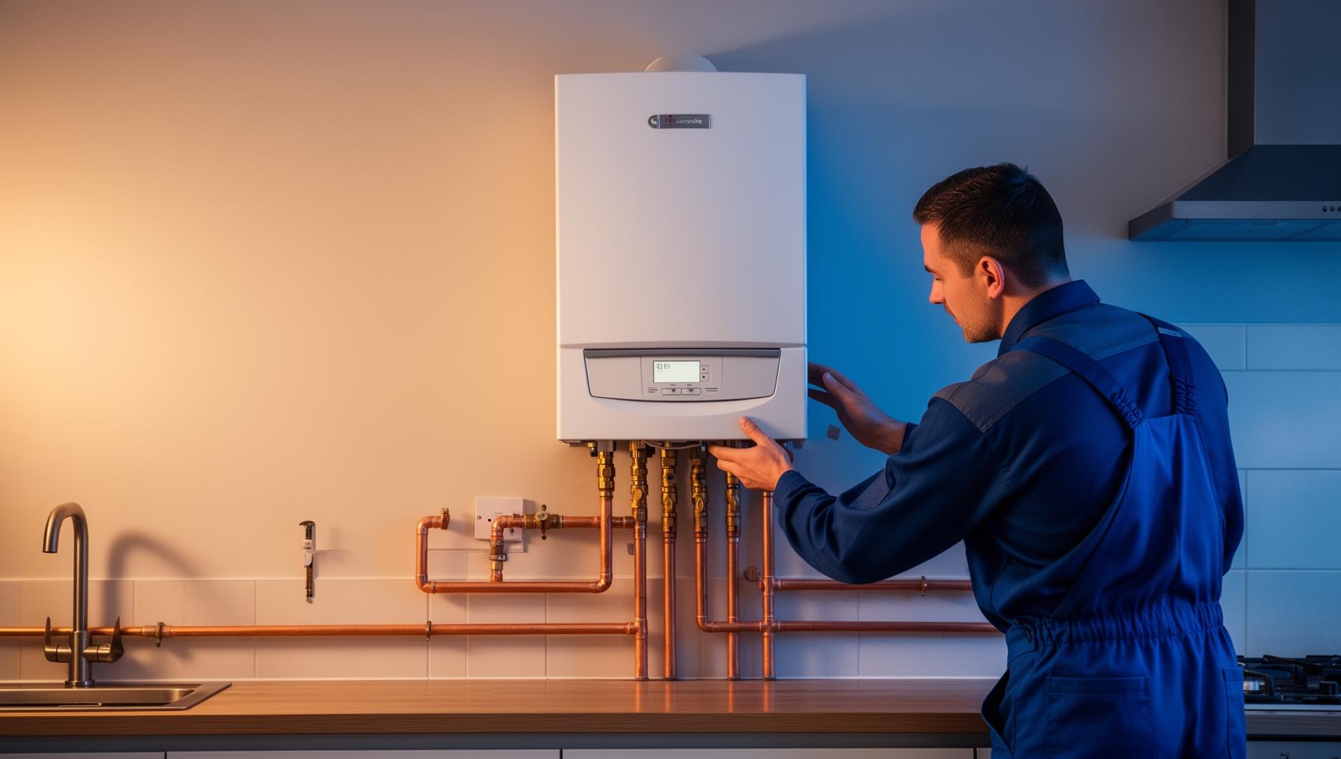 Engineer installing a new combi boiler with copper pipework in a London kitchen