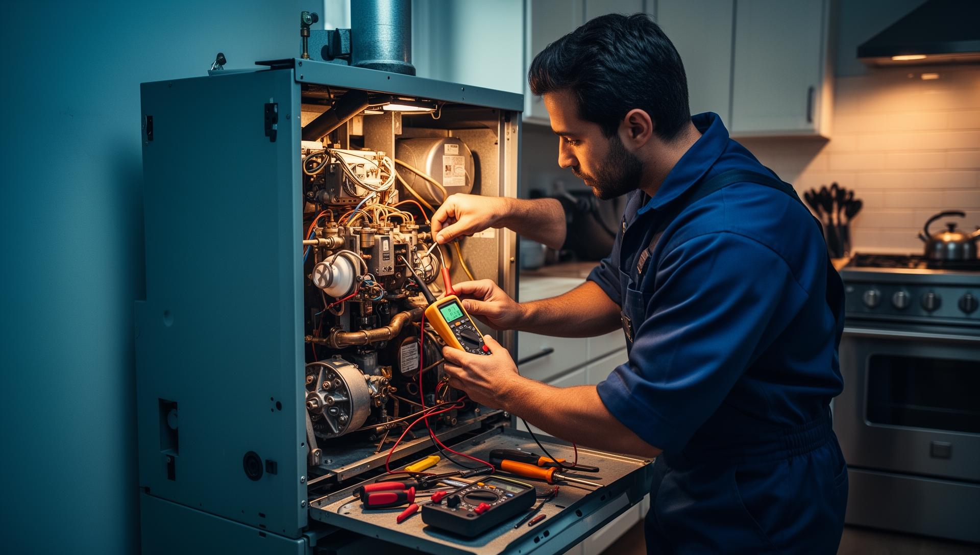 Engineer diagnosing and repairing a boiler fault with multimeter in London