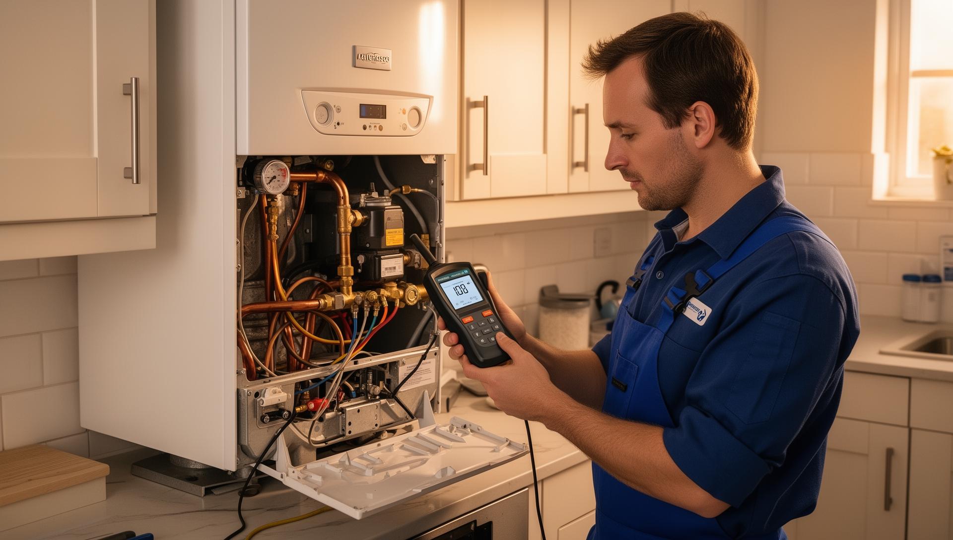 Heating engineer performing an annual boiler service with flue gas analyser in London