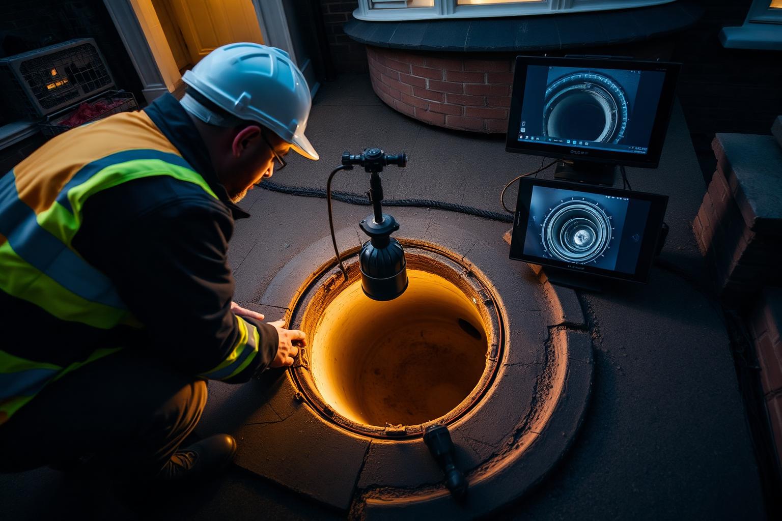 Drainage engineer running a CCTV survey camera into a London property drainage system
