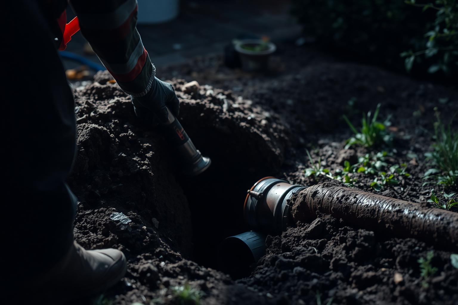 Drainage engineer carrying out a drain repair on collapsed pipework in a London garden