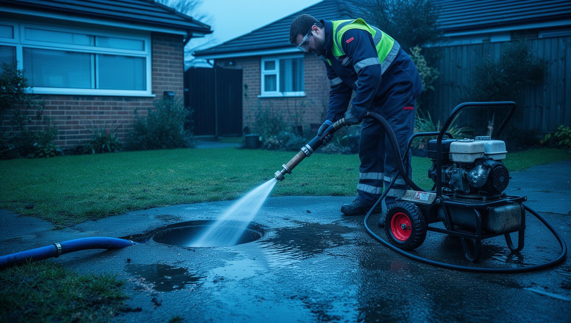 Drainage engineer using high-pressure jetting to clear a blocked drain in London