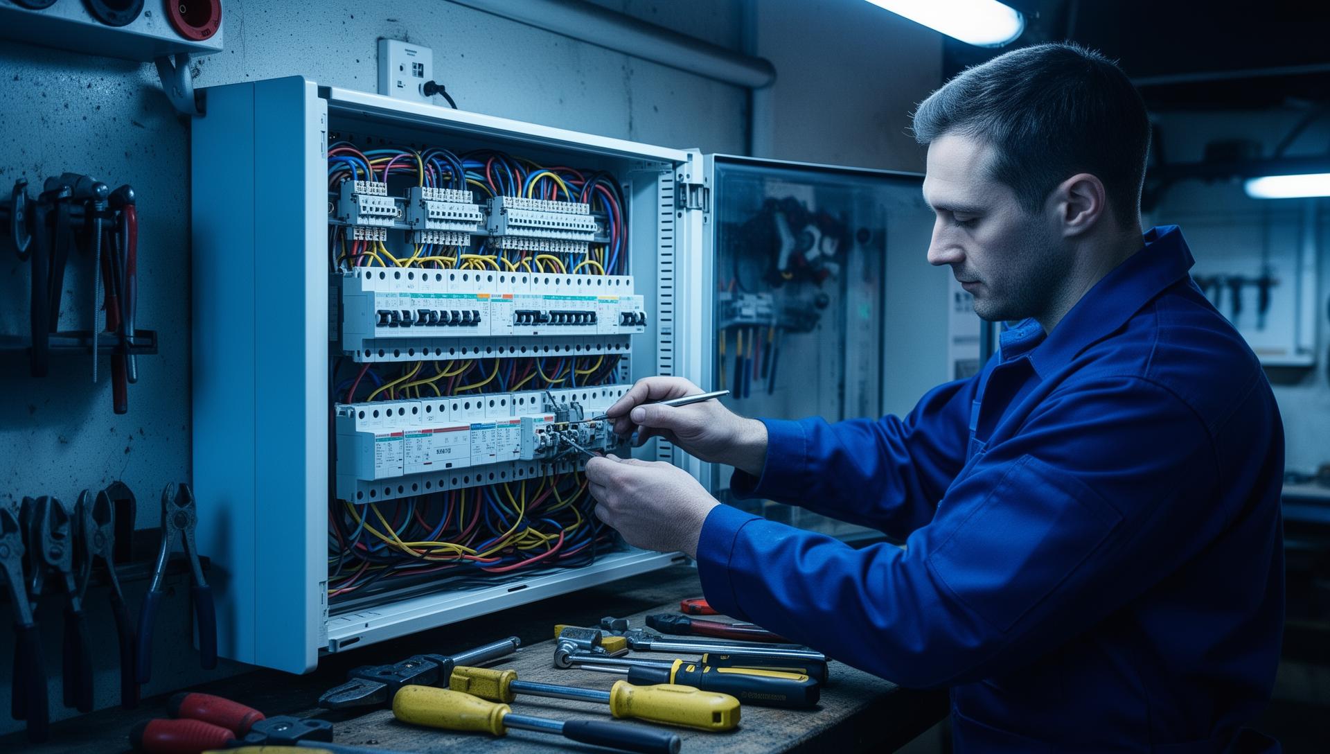 Professional electrician working on a consumer unit fuse board in London