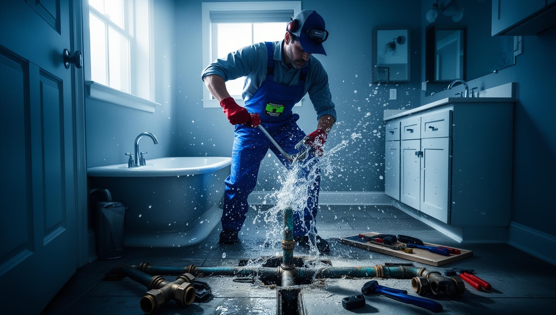 Emergency plumber repairing a burst pipe with water spraying in a London bathroom