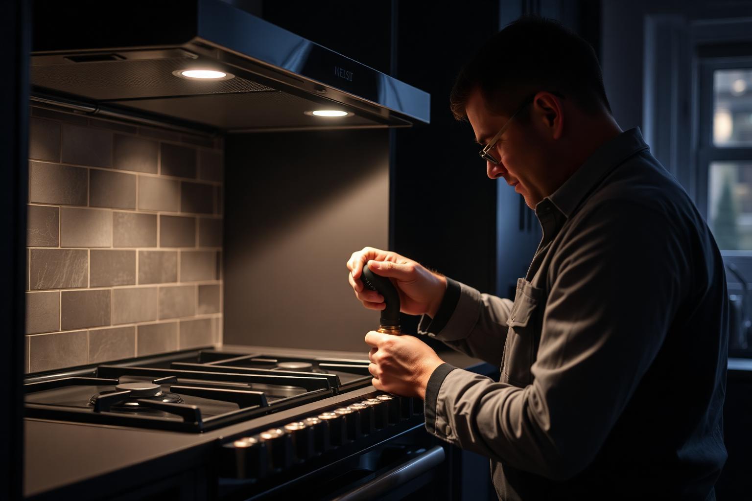 Gas Safe engineer installing a freestanding gas cooker in a London kitchen