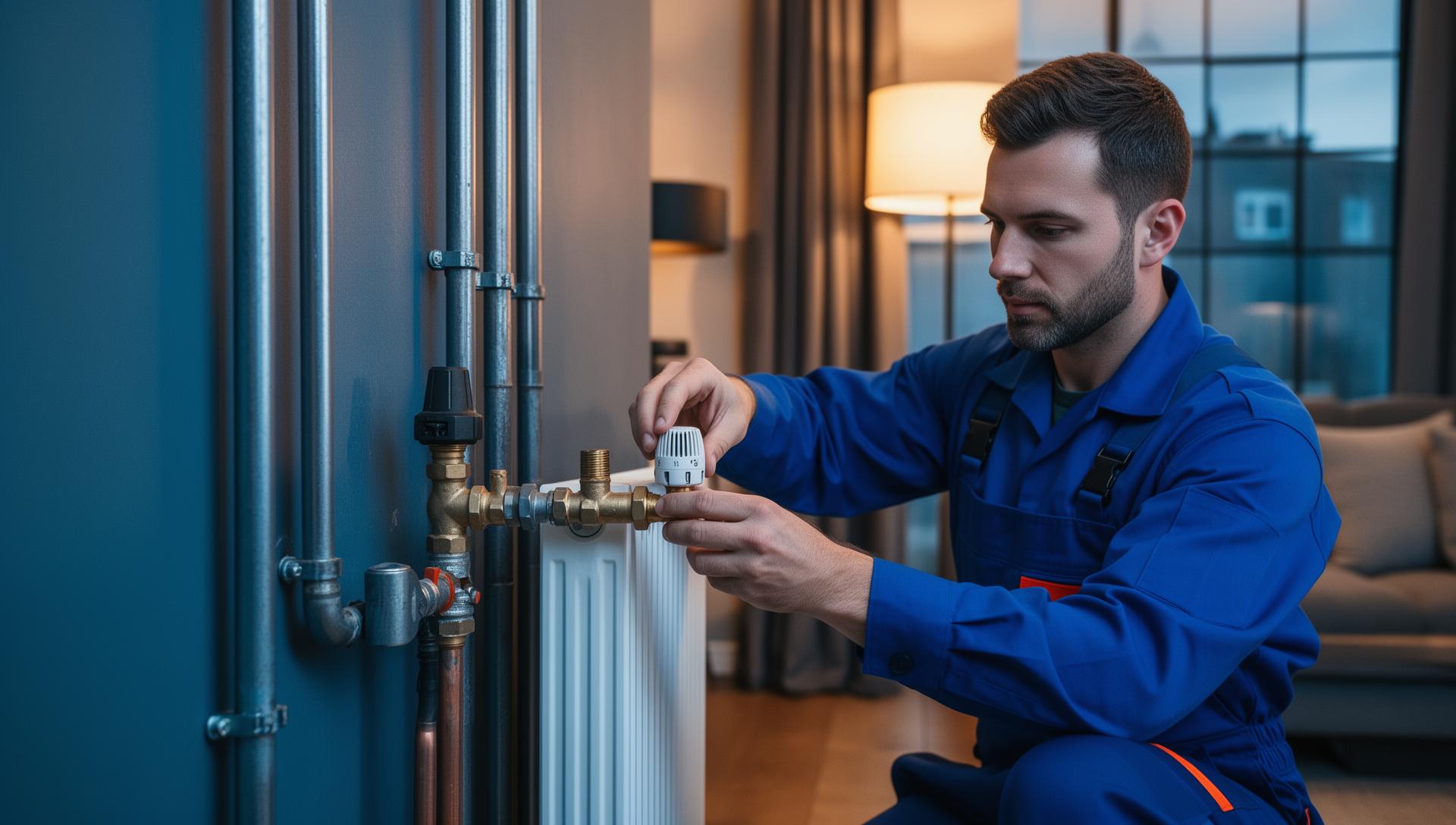 Heating engineer adjusting a radiator thermostatic valve in a London home