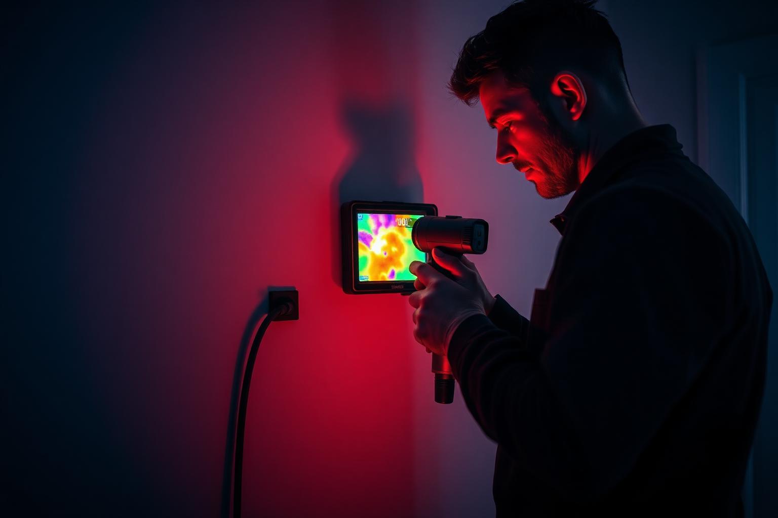 Plumber using a thermal imaging camera to locate a hidden water leak in a London home