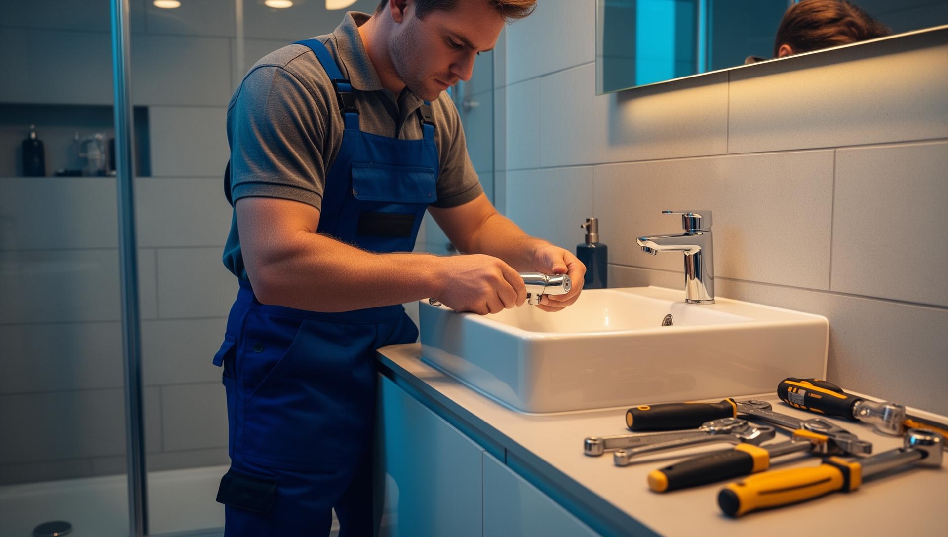Professional plumber installing chrome taps on a bathroom basin in London