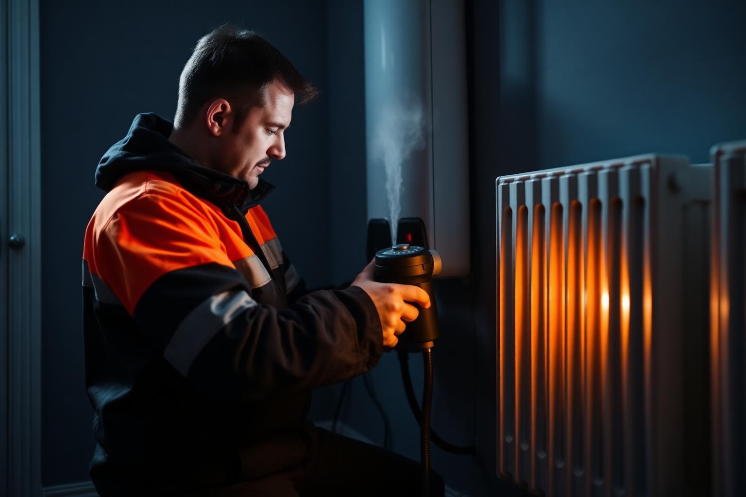 Heating engineer carrying out a central heating power flush on radiators in a London home