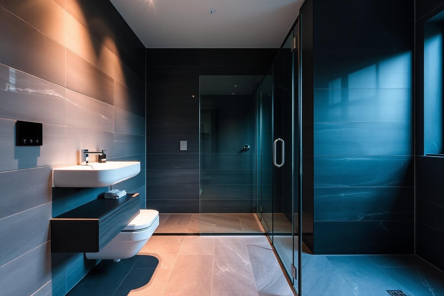 Modern wet room with large format porcelain tiles and walk-in shower in a London home