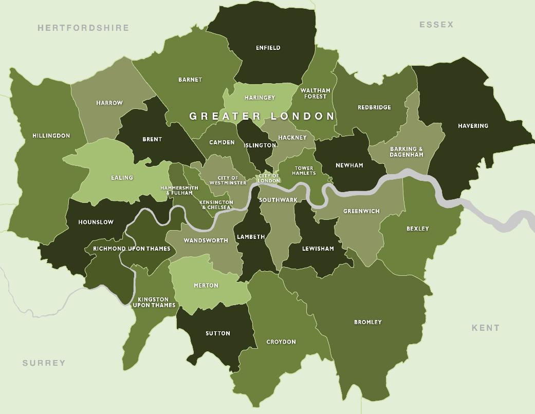 Greater London boroughs coverage map showing all areas served by MAMOSS plumbing, heating and electrical engineers