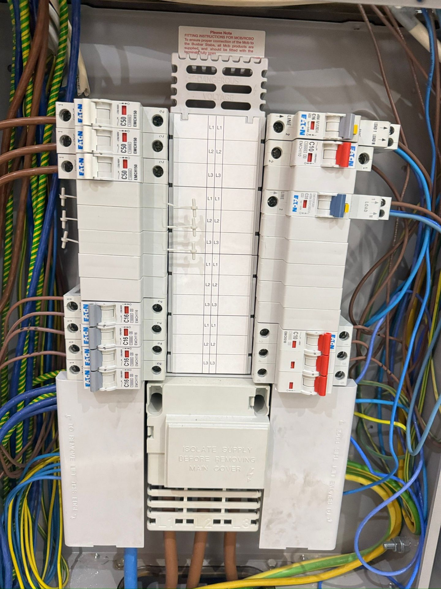 Eaton three-phase distribution board with MCBs installed in London commercial premises