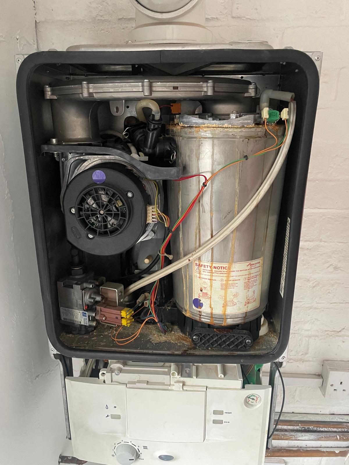 Worcester Bosch boiler fully stripped down for deep service and inspection